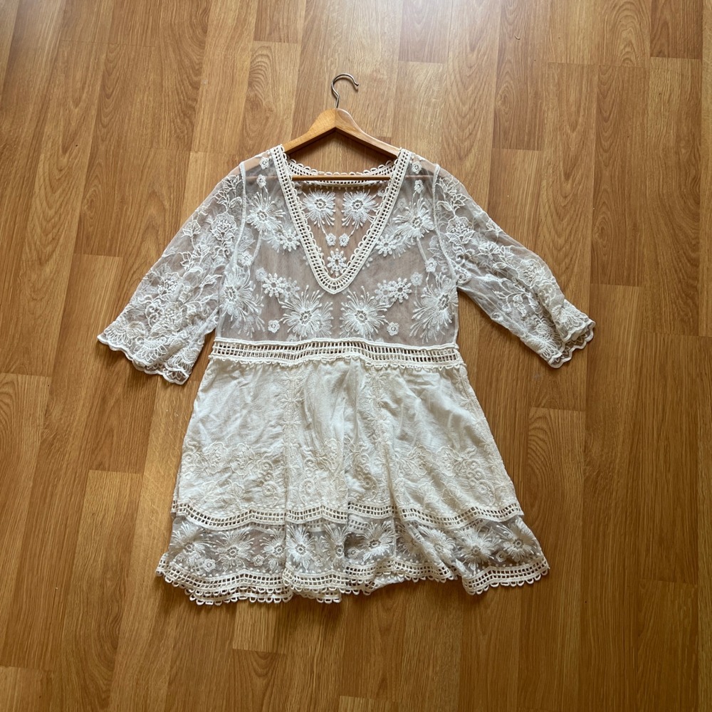 White Floral Lace Crochet Small Beach Cover Up Sheer Boho Mini Dress Festival